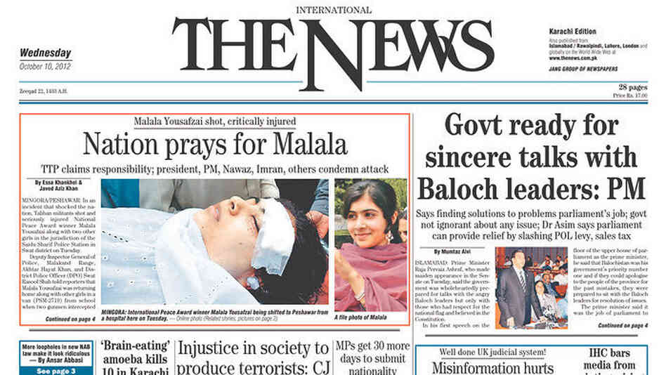 The front page of today's The News, in Karachi, Pakistan.