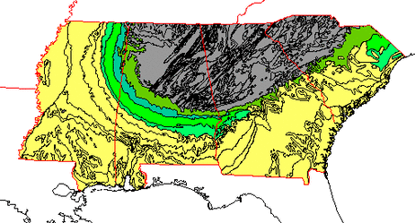 Cretaceous rock units (139-65 million years old) are shown in shades of green. Older rock units are in gray, younger ones in yellow. Cretaceous rock units (139-65 million years old) are shown in shades of green. Older rock units are in gray, younger ones in yellow.