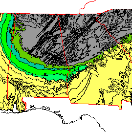 Cretaceous rock units (139-65 million years old) are shown in shades of green. Older rock units are in gray, younger ones in yellow.