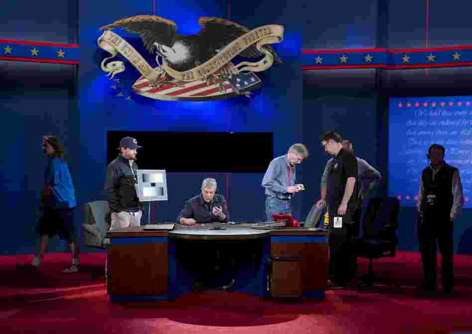 Crews put finishing touches on the stage for the vice presidential debate at the Norton Center at Centre College in Danville, Kentucky.