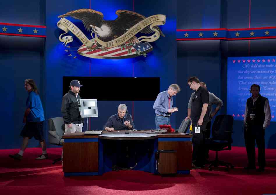 Crews put finishing touches on the stage for the vice presidential debate at the Norton Center at Centre College in Danville, Kentucky.