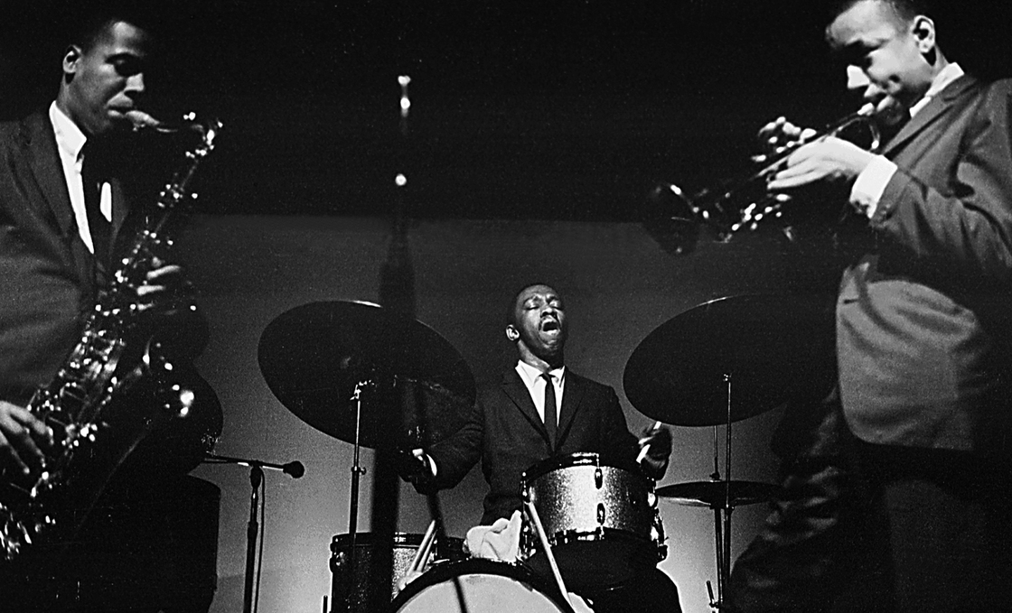 The band led by drummer Art Blakey (center) groomed more than 150 alumni members, including saxophonist Wayne Shorter and trumpeter Lee Morgan.