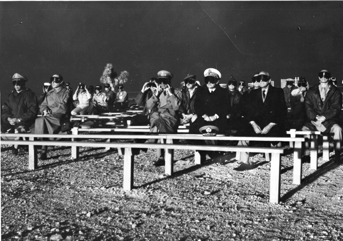 NATO observers attend the Boltzmann Event detonation on May 28, 1957, at Nevada Test Site. The detonation was part of Operation Plumbbob.