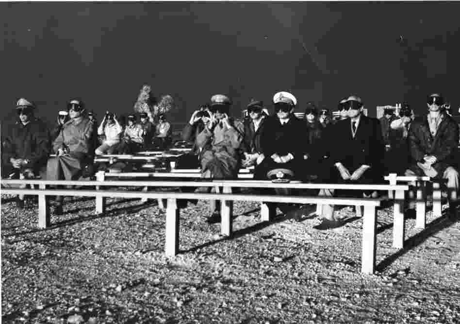 NATO observers attend the Boltzmann Event detonation on May 28, 1957, at Nevada Test Site. The detonation was part of Operation Plumbbob.
