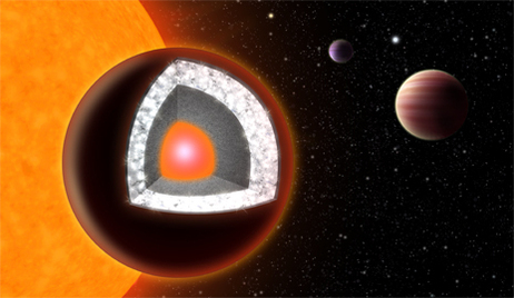 Illustration of the interior of 55 Cancri e - an extremely hot planet with a surface of mostly graphite surrounding a thick layer of diamond, below which is a layer of silicon-based minerals and a molten iron core at the center. Illustration of the interior of 55 Cancri e - an extremely hot planet with a surface of mostly graphite surrounding a thick layer of diamond, below which is a layer of silicon-based minerals and a molten iron core at the center.
