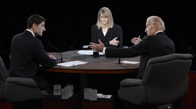 Vice President Joe Biden speaks as Republican Rep. Paul Ryan and moderator Martha Raddatz listen during the vice presidential debate at Centre College on Thursday in Danville, Ky.