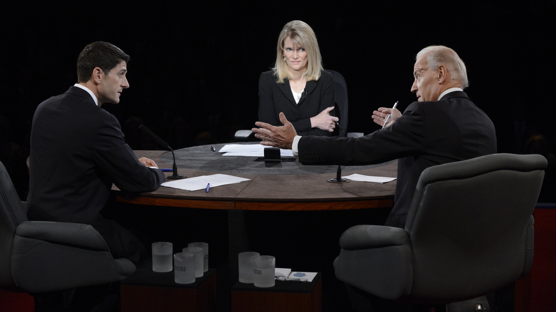 Vice President Joe Biden speaks as Republican Rep. Paul Ryan and moderator Martha Raddatz listen during the vice presidential debate at Centre College on Thursday in Danville, Ky.