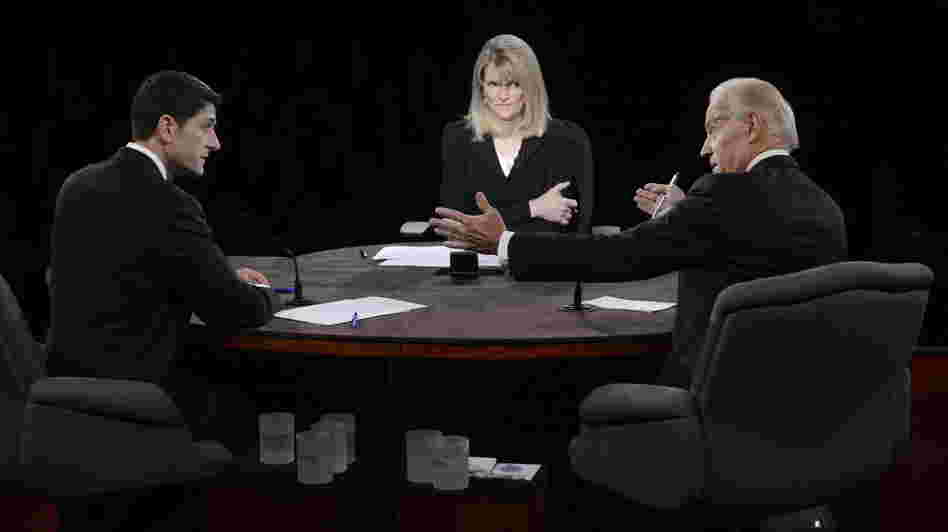 Vice President Joe Biden speaks as Republican Rep. Paul Ryan and moderator Martha Raddatz listen during the vice presidential debate at Centre College on Thursday in Danville, Ky.