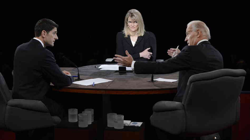 Vice President Joe Biden speaks as Republican Rep. Paul Ryan and moderator Martha Raddatz listen during the vice presidential debate at Centre College on Thursday in Danville, Ky.