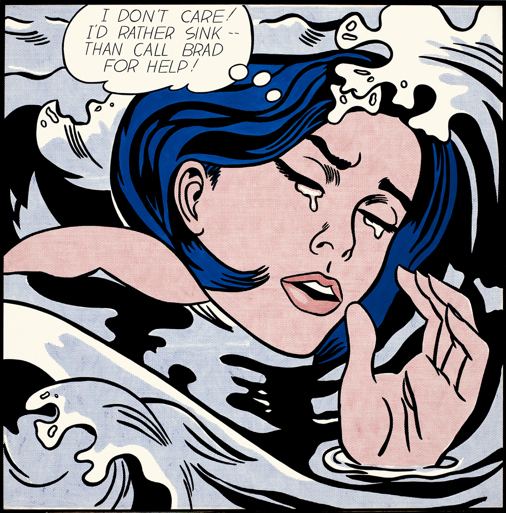 "I don't care! I'd rather sink — than call Brad for help!" laments Lichtenstein's 1963 Drowning Girl.