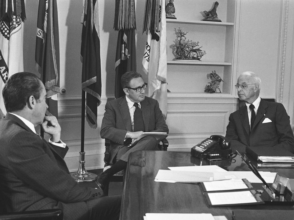 President Nixon meets with Ellsworth Bunker, U.S. ambassador to South Vietnam, and National Security Adviser Henry Kissinger at the White House on June 16, 1971. Lavelle would be mentioned in their recorded conversations a year later.