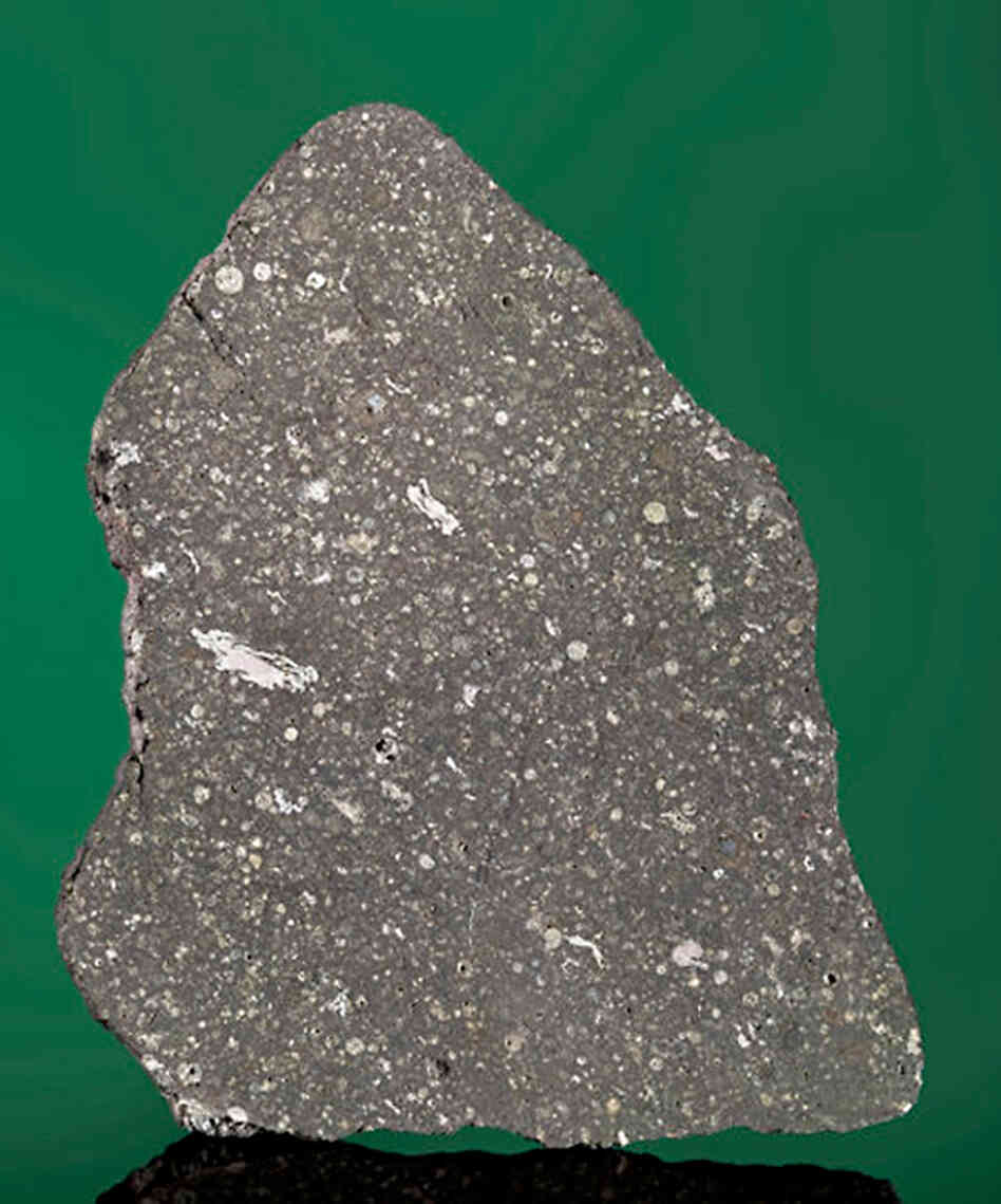 Touch Stardust: A slice of the Allende meteorite that fell in Chihuahua, Mexico, in 1969. It contains white calcium-aluminum inclusions, material present at the birth of our solar system.