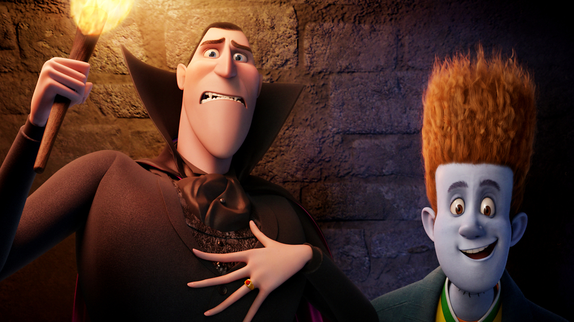 Dracula (voiced by Adam Sandler) and Johnnystein (voiced by Andy Samberg) in Hotel Transylvania.