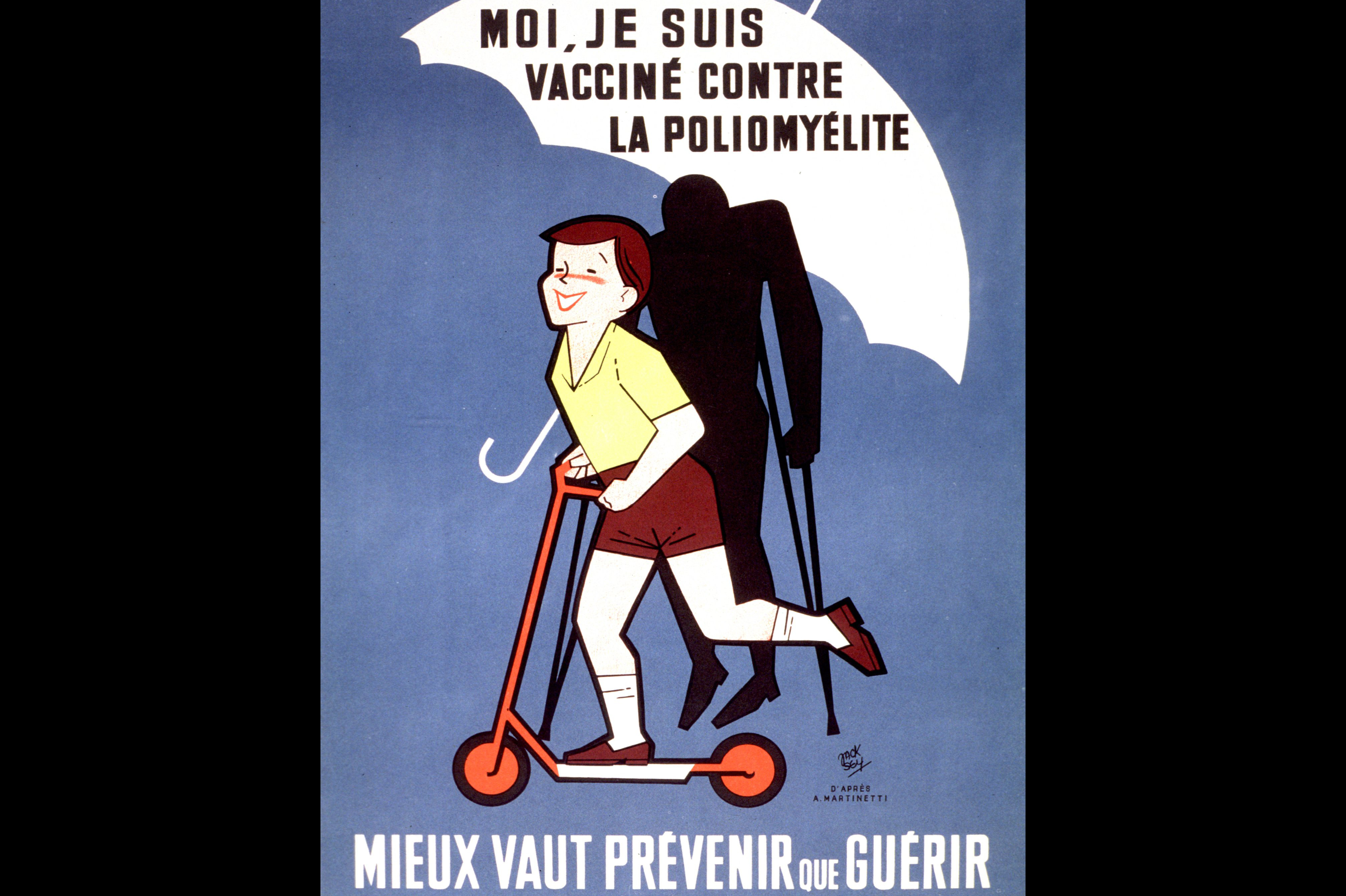 A poster distributed by French public health officials promotes polio vaccination by representing the shot as a protective umbrella. A poster distributed by French public health officials promotes polio vaccination by representing the shot as a protective umbrella.