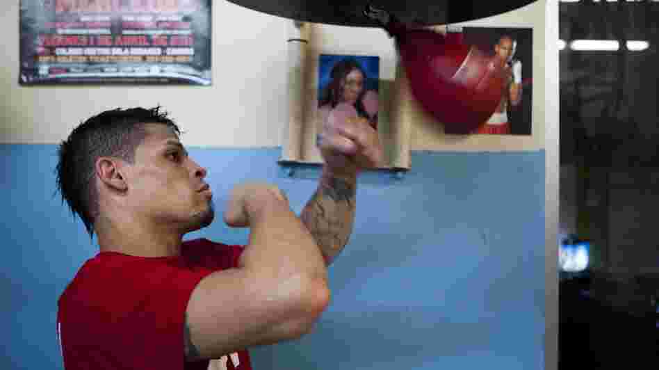 Boxer Orlando Cruz hits a speed bag at a public gym in San Juan, Puerto Rico, on Oct. 4. He said publicly that he is gay earlier this month.