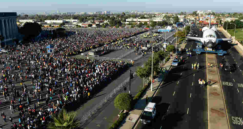 The 170,000-pound shuttle traveled at no more than 2 mph along a 12-mile route from LAX to its final home at the California Science Center. 