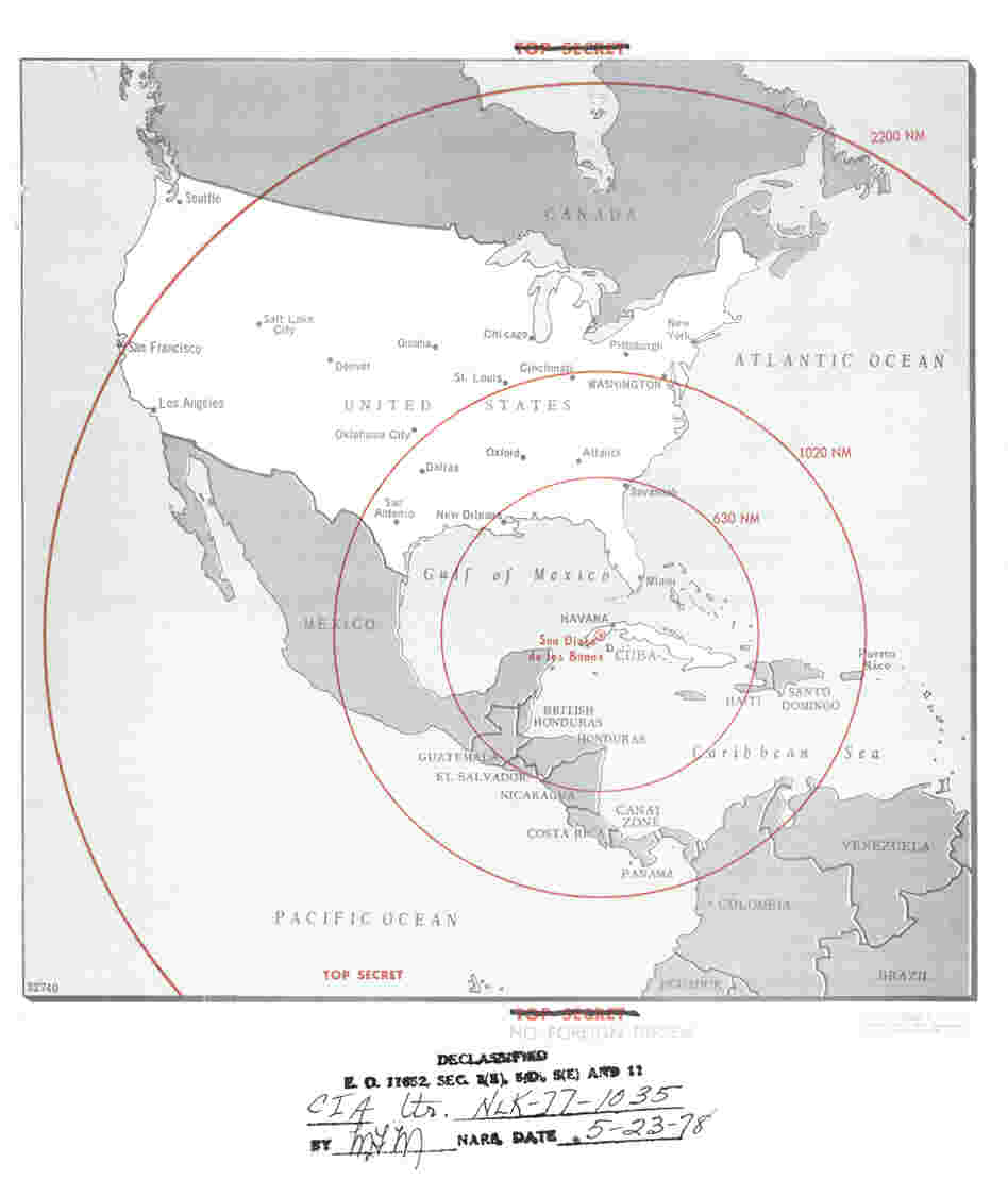 A map prepared by the CIA shows areas and cities within range of nuclear missiles launched from Cuba in October 1962. A map prepared by the CIA shows areas and cities within range of nuclear missiles launched from Cuba in October 1962.