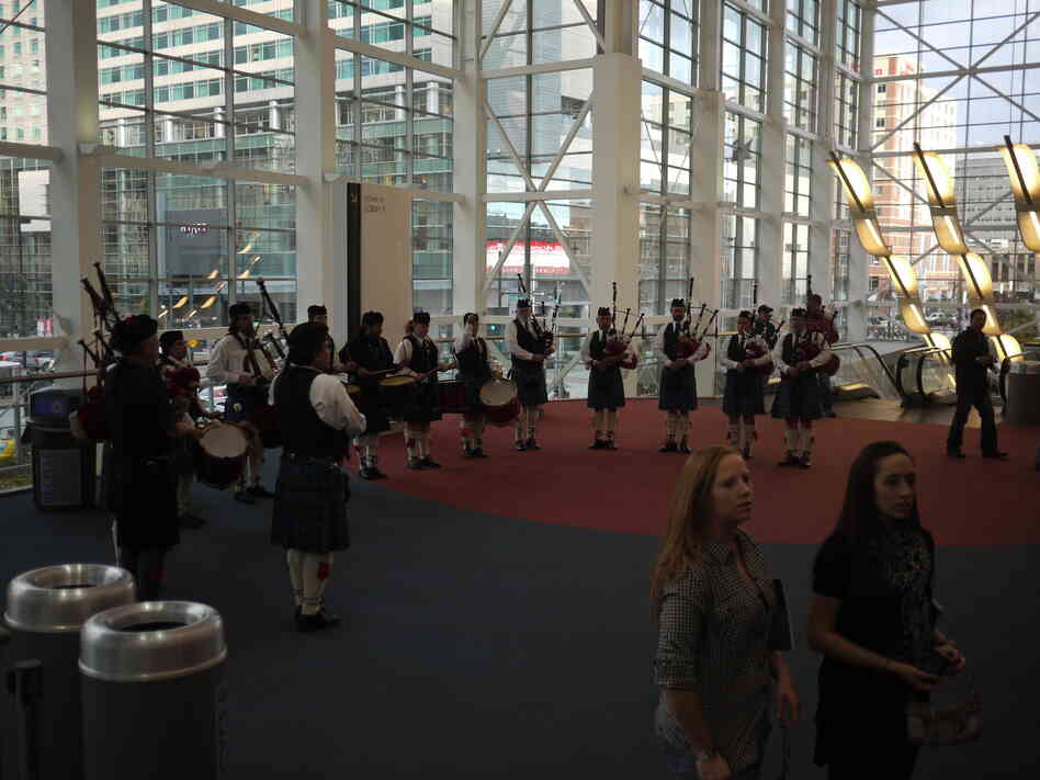 Before heading into the massive beer hall, festival attendees are greeted by a corps of bagpipes and drums.