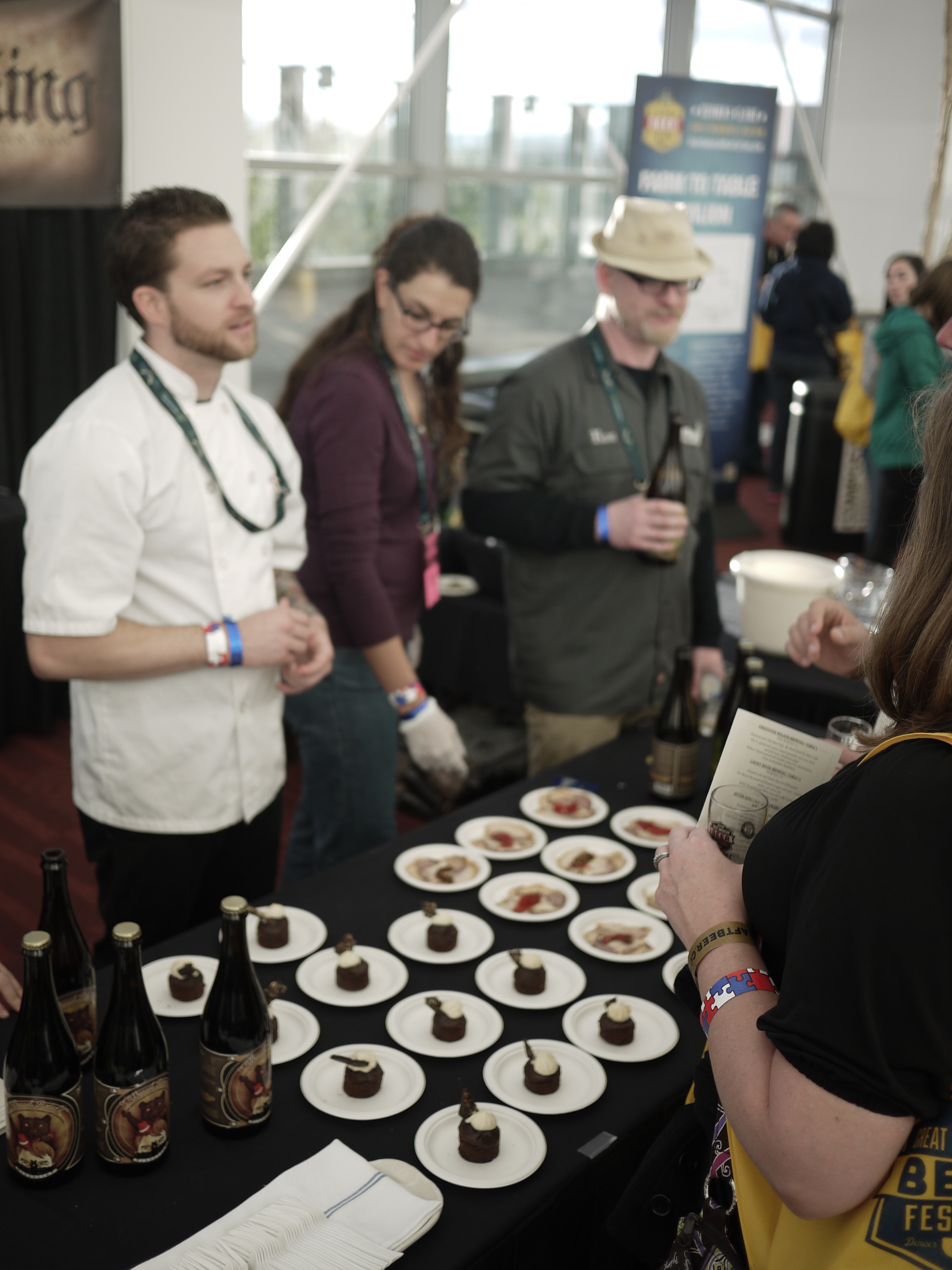 In the Food to Table section, Jester King Weasel Rodeo, an ale made with brewer Mikkeller, was paired with sticky chocolate cake, malt cremeux, chocolate bark, and candied bacon, by chef Kyle Mendenhall of The Kitchen. In the Food to Table section, Jester King Weasel Rodeo, an ale made with brewer Mikkeller, was paired with sticky chocolate cake, malt cremeux, chocolate bark, and candied bacon, by chef Kyle Mendenhall of The Kitchen.