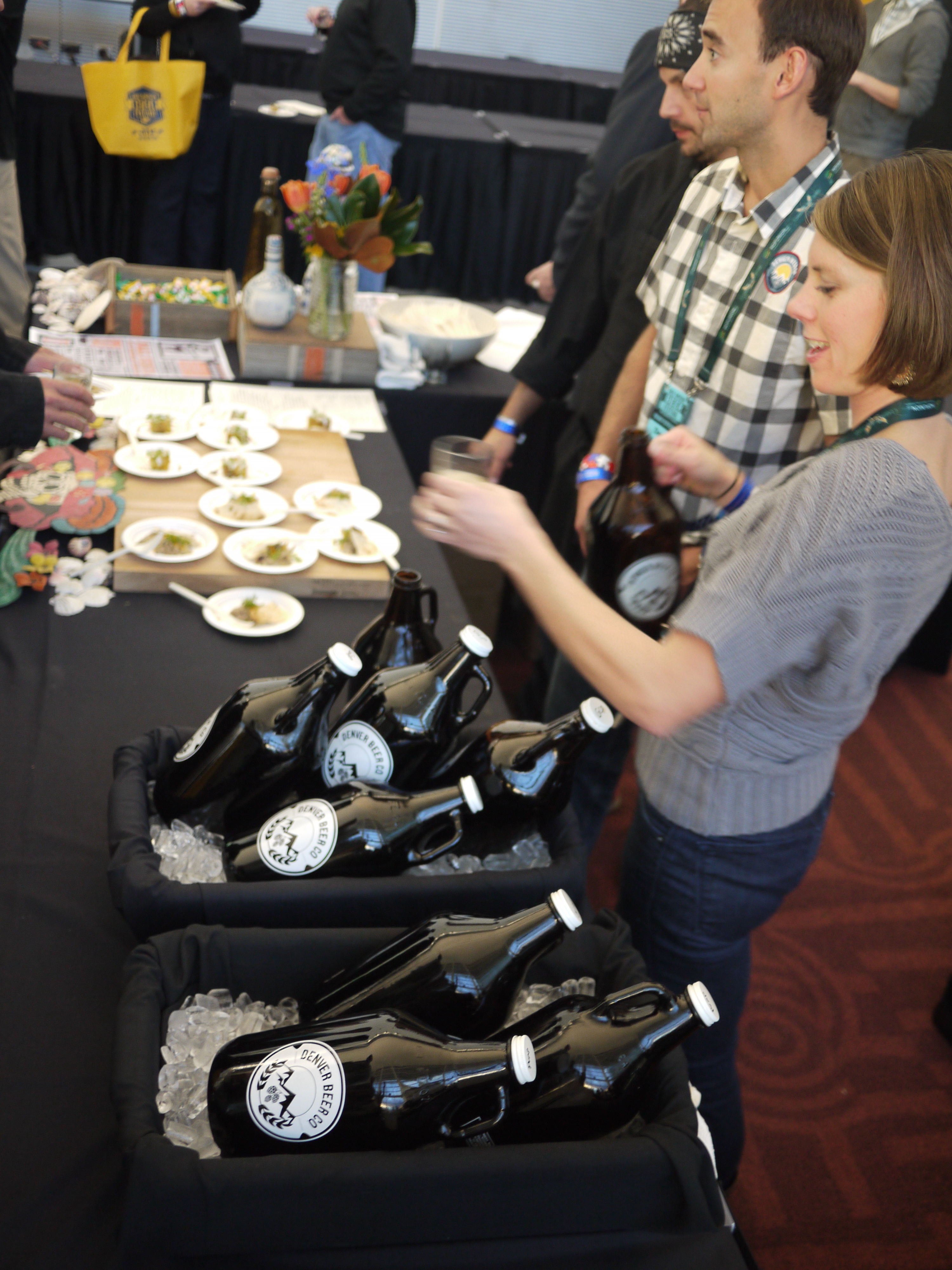 The Denver Beer Company's tasting table featured growlers of its pumpkin beer and graham cracker porter. The Denver Beer Company's tasting table featured growlers of its pumpkin beer and graham cracker porter.