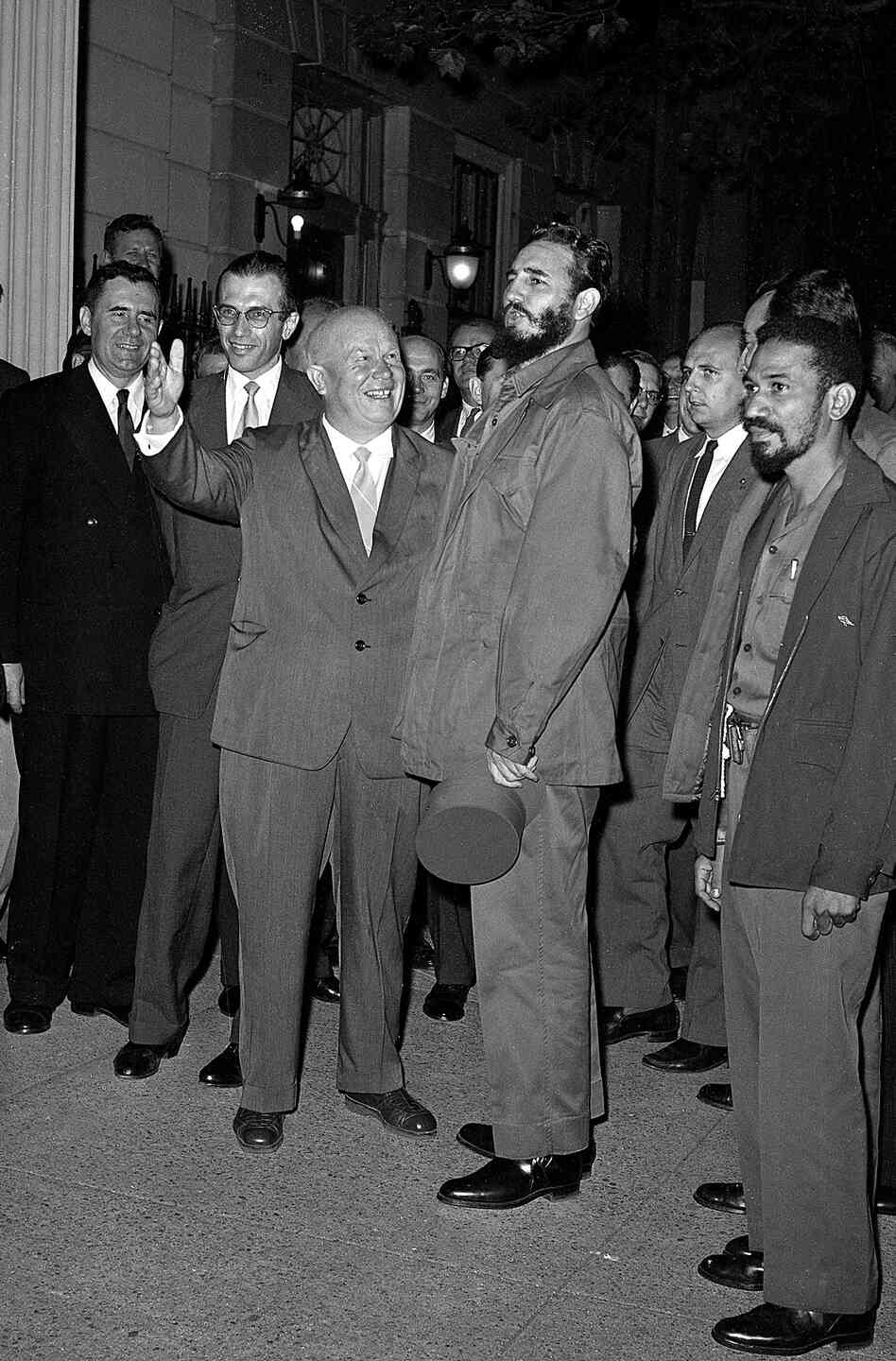 Khrushchev welcomes Cuban Prime Minister Fidel Castro as Castro arrives for a dinner at the headquarters of the Soviet UN delegation in New York, Sept. 23, 1960.
