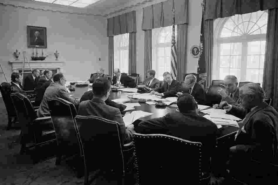 A meeting of the Executive Committee of the National Security Council, advisers to Kennedy, in the Cabinet Room on Oct. 29, 1962.