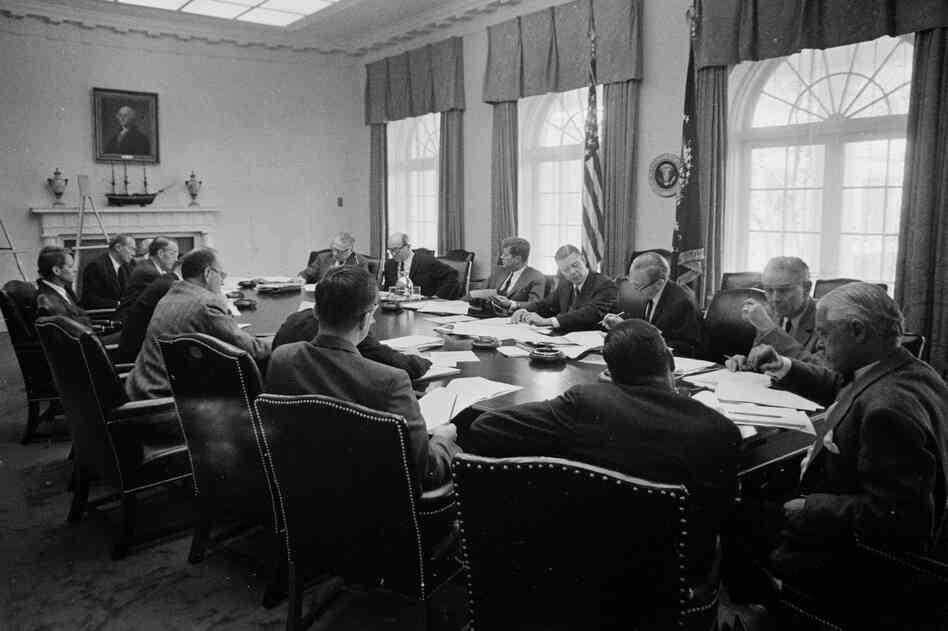 A meeting of the Executive Committee of the National Security Council, advisers to Kennedy, in the Cabinet Room on Oct. 29, 1962.