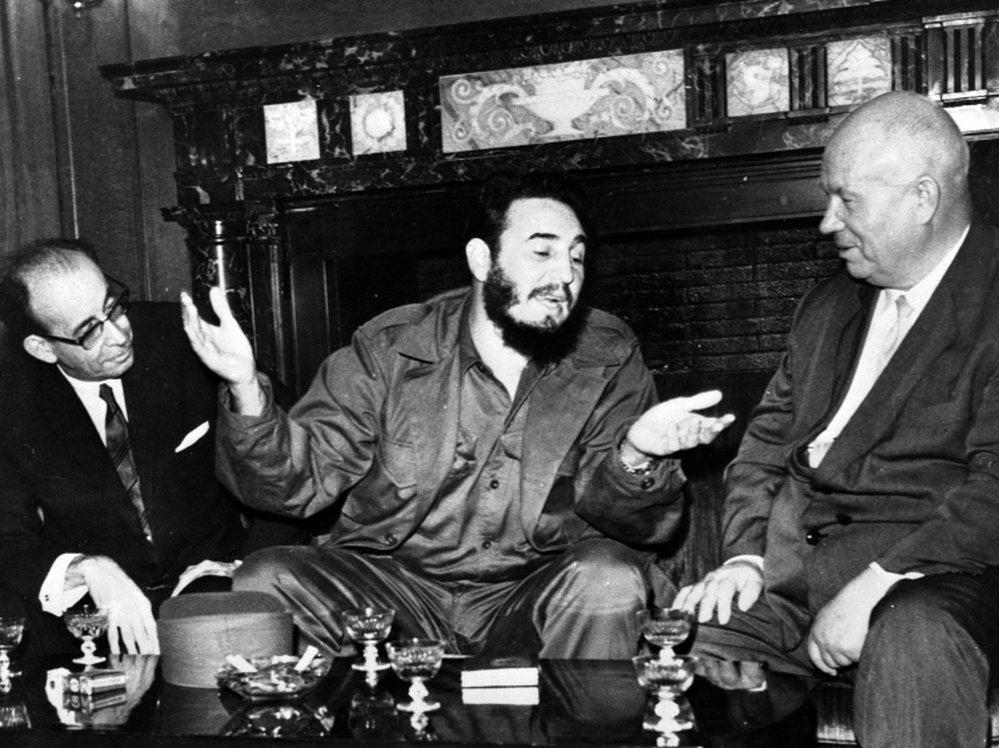 In this 1960 photo, Cuban leader Fidel Castro talks with Soviet Premier Nikita Khrushchev. The world stood at the brink of Armageddon for 13 days during the Cuban Missile Crisis.