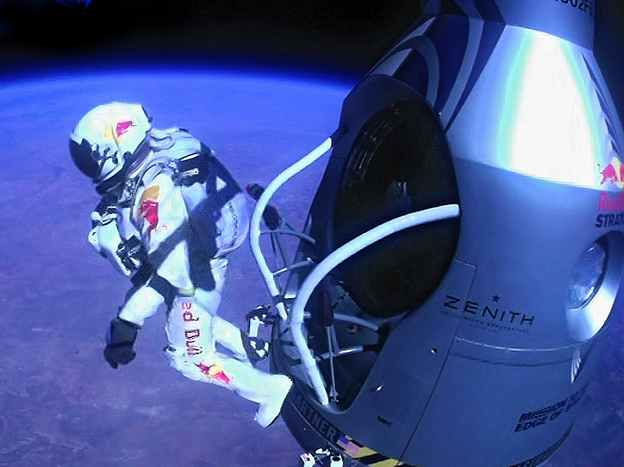 Felix Baumgartner of Austria as he jumps out of the capsule during the final manned flight for Red Bull Stratos on Sunday.