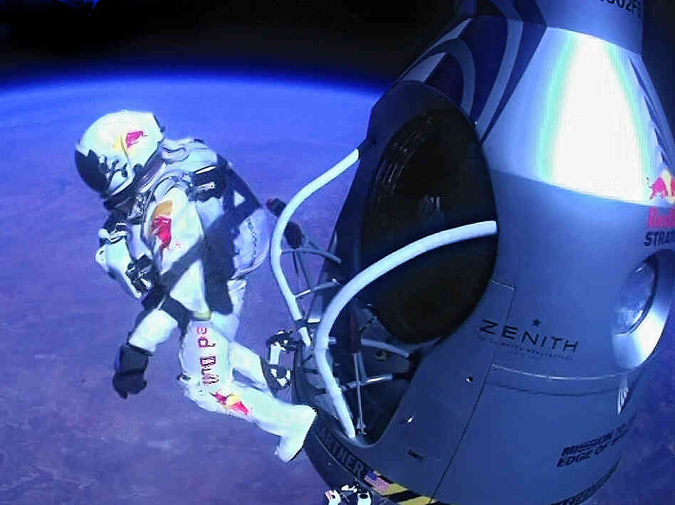 Felix Baumgartner of Austria as he jumps out of the capsule during the final manned flight for Red Bull Stratos on Sunday.
