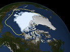 This Sept. 16 image released by NASA shows the amount of summer sea ice in the Arctic, at center in white, and the 1979 to 2000 average extent for the day shown, with the yellow line. Scientists say sea ice in the Arctic shrank to an all-time low of 1.32 million square miles on Sept. 16, smashing old records for the critical climate indicator. This Sept. 16 image released by NASA shows the amount of summer sea ice in the Arctic, at center in white, and the 1979 to 2000 average extent for the day shown, with the yellow line. Scientists say sea ice in the Arctic shrank to an all-time low of 1.32 million square miles on Sept. 16, smashing old records for the critical climate indicator.