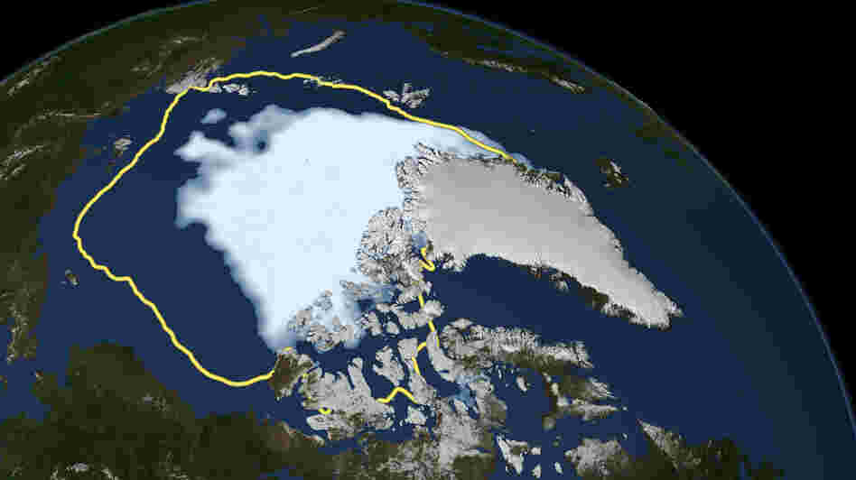 This Sept. 16 image released by NASA shows the amount of summer sea ice in the Arctic, at center in white, and the 1979 to 2000 average extent for the day shown, with the yellow line. Scientists say sea ice in the Arctic shrank to an all-time low of 1.32 million square miles on Sept. 16, smashing old records for the critical climate indicator. This Sept. 16 image released by NASA shows the amount of summer sea ice in the Arctic, at center in white, and the 1979 to 2000 average extent for the day shown, with the yellow line. Scientists say sea ice in the Arctic shrank to an all-time low of 1.32 million square miles on Sept. 16, smashing old records for the critical climate indicator.