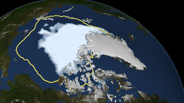 This Sept. 16, 2012, image released by NASA shows the amount of summer sea ice in the Arctic, at center in white, and the 1979 to 2000 average extent for the day shown, with the yellow line. Scientists say sea ice in the Arctic shrank to an all-time low of 1.32 million square miles on Sept. 16, smashing old records for the critical climate indicator.