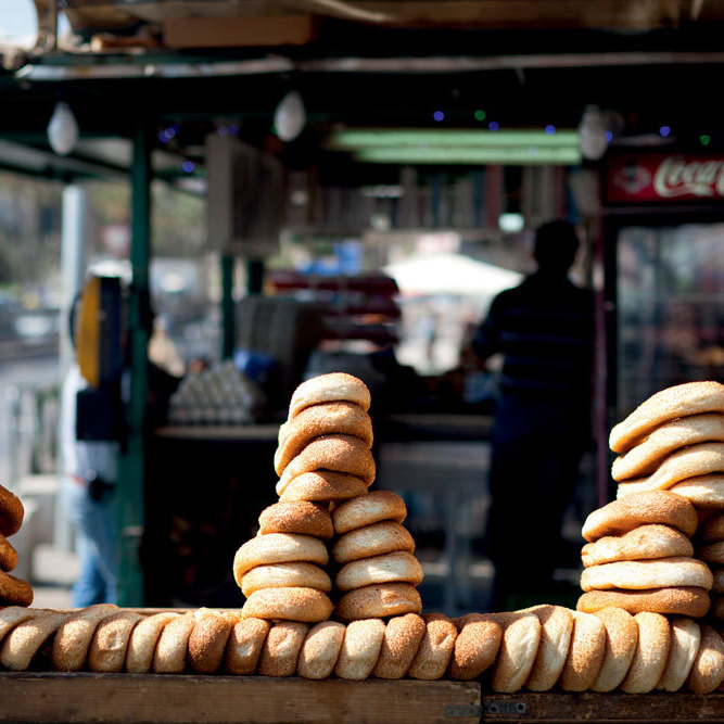 Bagels on display in a Jerusalem market.