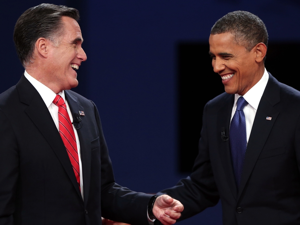 Republican presidential candidate Mitt Romney and President Barack Obama after the Presidential Debate on Oct. 3, 2012 in Denver, Colo.