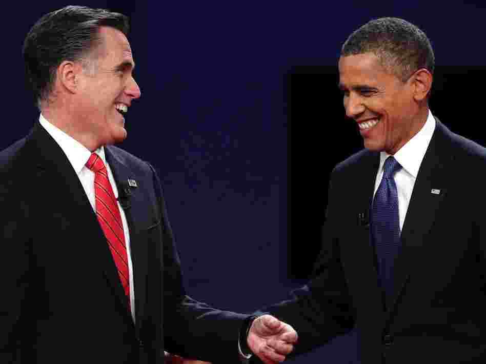 Republican presidential candidate Mitt Romney and President Barack Obama after the Presidential Debate on Oct. 3, 2012 in Denver, Colo.