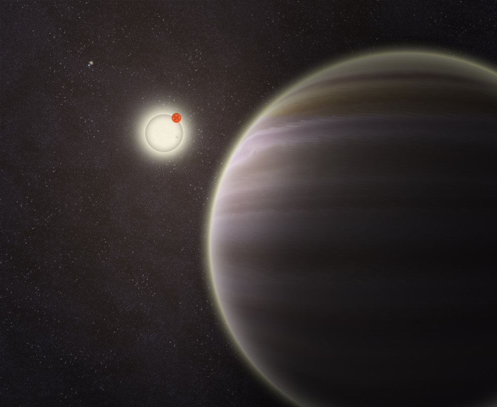An artist's illustration of PH1, a planet discovered by volunteers from the Planet Hunters citizen science project. PH1, shown in the foreground, is a circumbinary planet and orbits two suns.