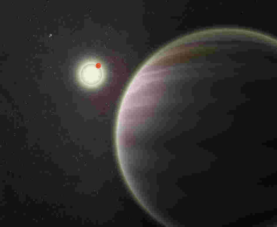 An artist's illustration of PH1, a planet discovered by volunteers from the Planet Hunters citizen science project. PH1, shown in the foreground, is a circumbinary planet and orbits two suns.