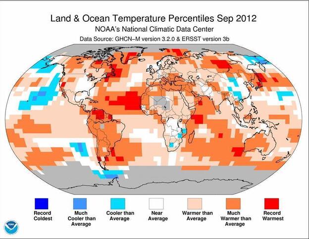 The redder the shading, the further above average were the temperatures in September.