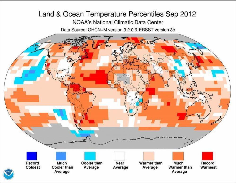 The redder the shading, the further above average were the temperatures in September.