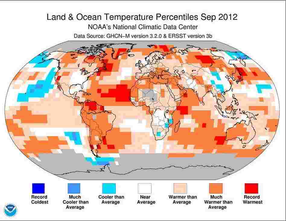 The redder the shading, the further above average were the temperatures in September.
