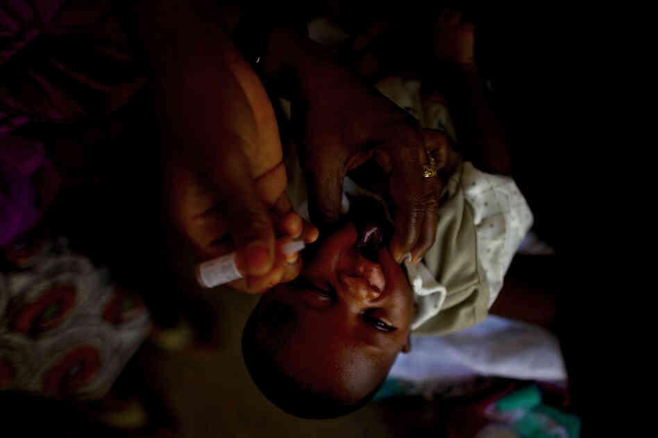 A child is vaccinated against polio at the Minjibir health clinic. The procedure, in which two drops of vaccine are pinched into a child's mouth, only takes a few seconds. Children should get at least three doses of the vaccine, spread out over time.