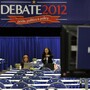 Media sets up in Spin Alley as they prepare for the debate between Republican presidential candidate Mitt Romney and and President Barack Obama.