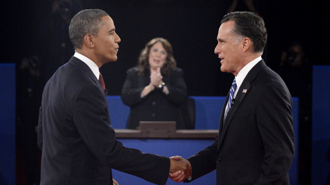 President Obama and Republican nominee Mitt Romney shake hands before their debate Tuesday in Hempstead, N.Y.