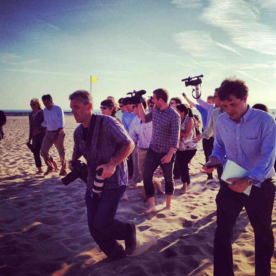 There is something supremely amusing about watched an out-of-shape press corps (self included) race after Romney on the sand. @ashleyrparker