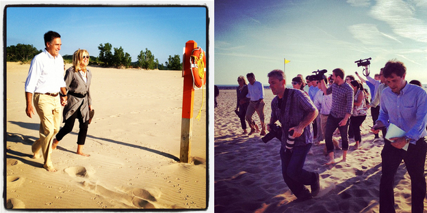 Reporter Ashley Parker transmitted these two different views of the campaign trail via Instagram. In the photo on the left, Mitt and Ann Romney stroll on the beach. On the right, the media pool chases after them.