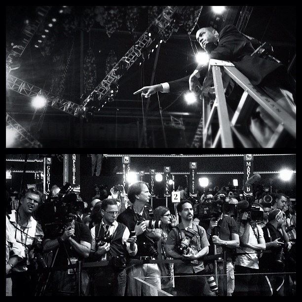 Romney Campaign | Romney campaign photographer Eric Draper organizes a group photo as shooters wait for the governor's sound check | RNC, Tampa, Florida. <a href=