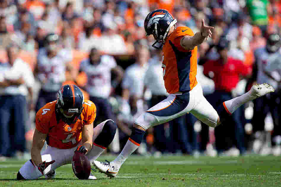 Place kicker Matt Prater of the Denver Broncos kicks a second quarter field goal on a hold by Britton Colquitt against the Houston Texans at Sports Authority Field Field at Mile High in Denver on Sept. 23.