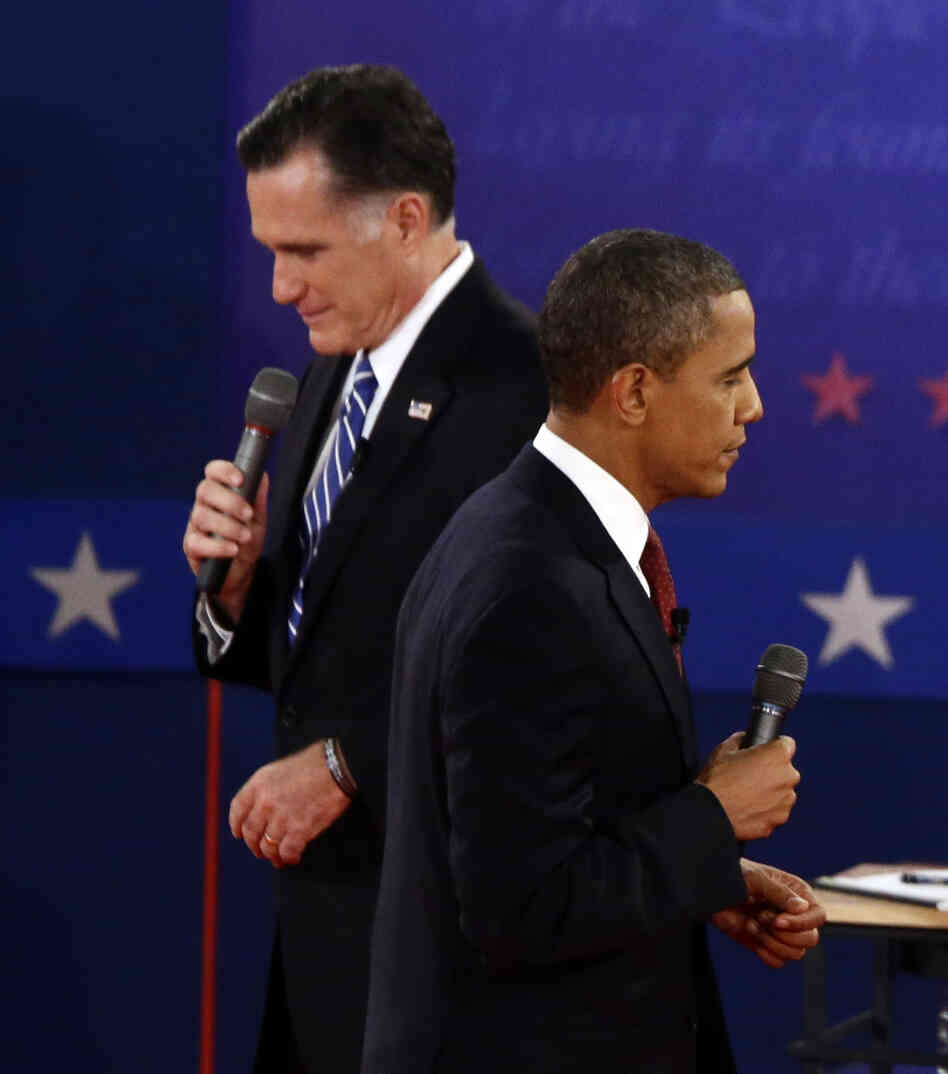 President Obama and former Massachusetts Gov. Mitt Romney participate in the second presidential debate at Hofstra University in Hempstead, N.Y., on Tuesday.