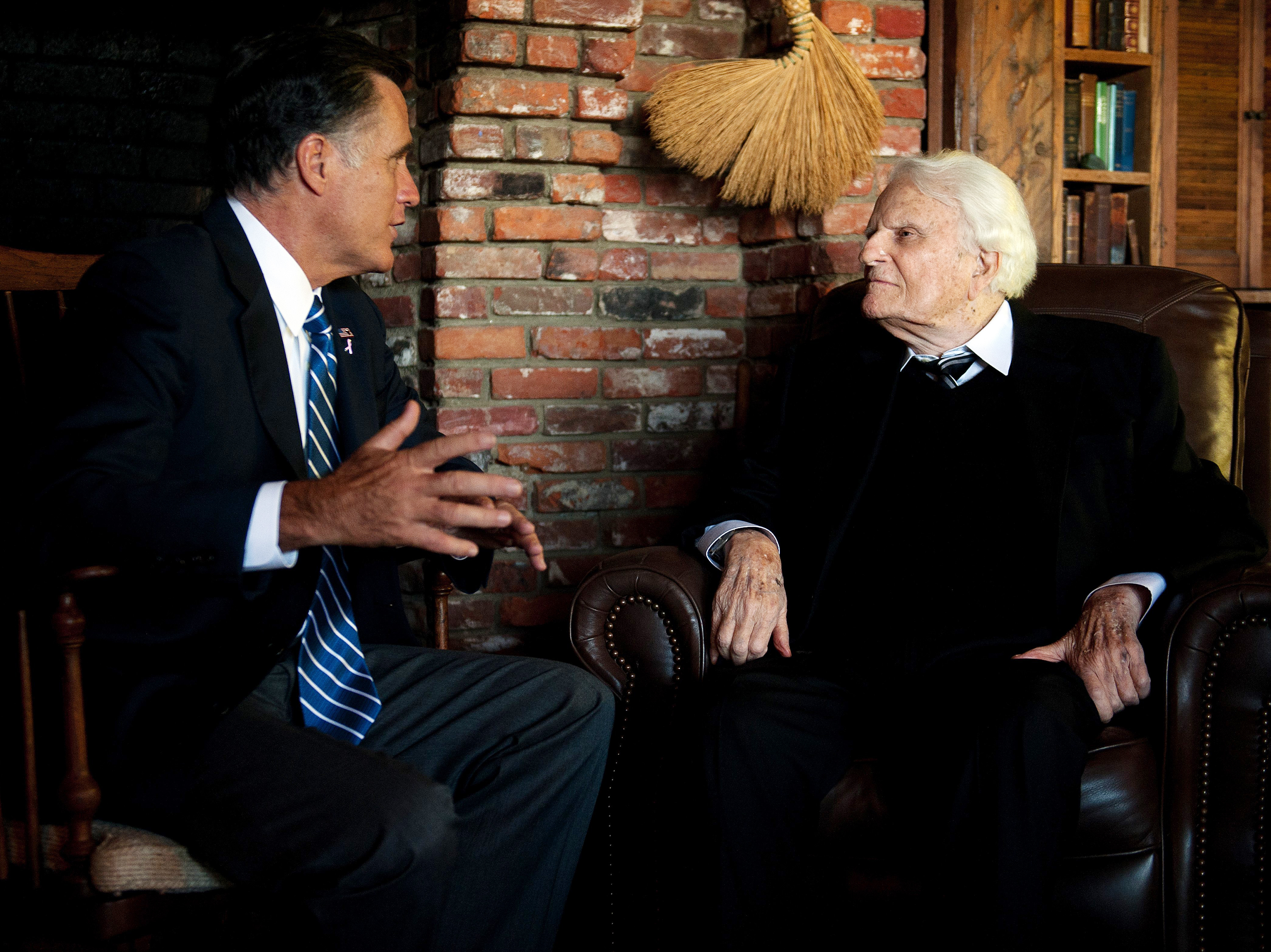 Oct. 11: Republican presidential nominee Mitt Romney visited the Rev. Billy Graham at the evangelist's home in Montreat, N.C. Oct. 11: Republican presidential nominee Mitt Romney visited the Rev. Billy Graham at the evangelist's home in Montreat, N.C.